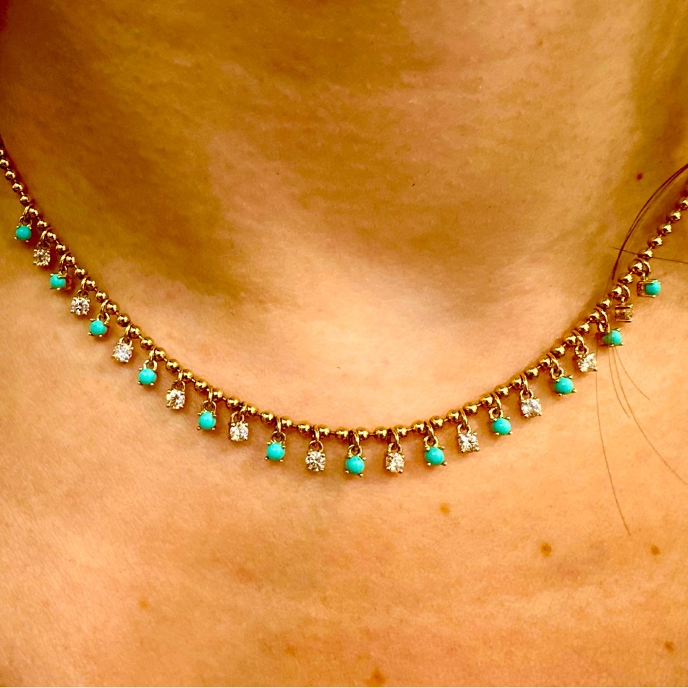 14kt gold necklace with real turquoise gemstones and diamonds
